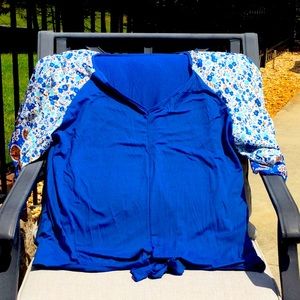Blue Top with Flowered Bell Sleeves and Knot tie at Bottom Front
